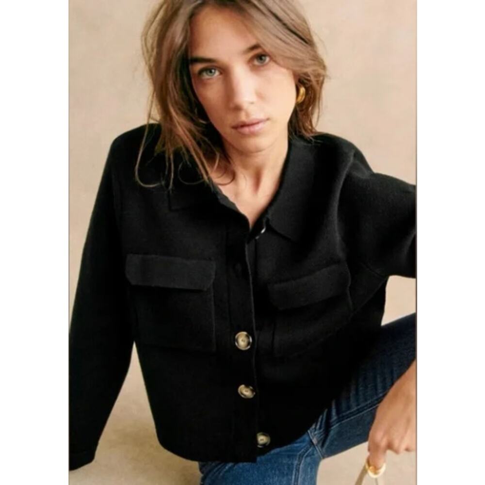 Sezane Betty Cardigan Sweater Crochet Merino Wool Knit Black Size Large